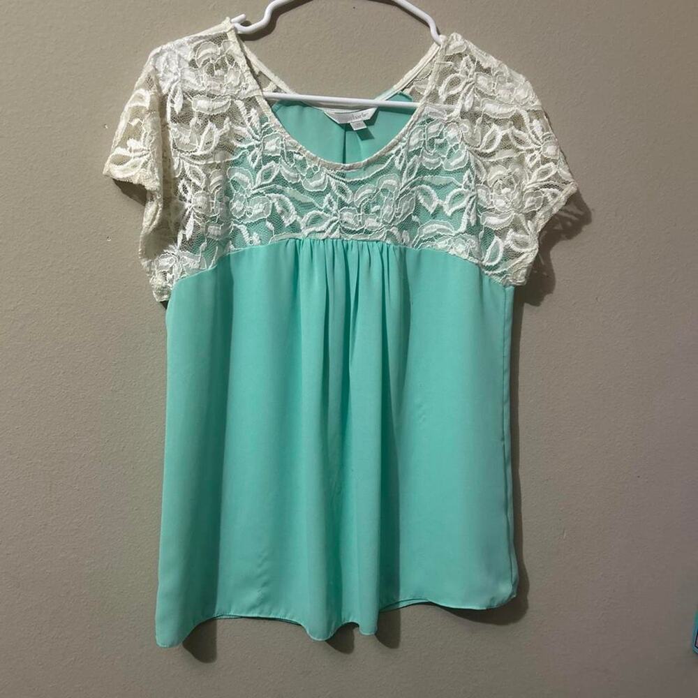 Cream and teal lace blouse